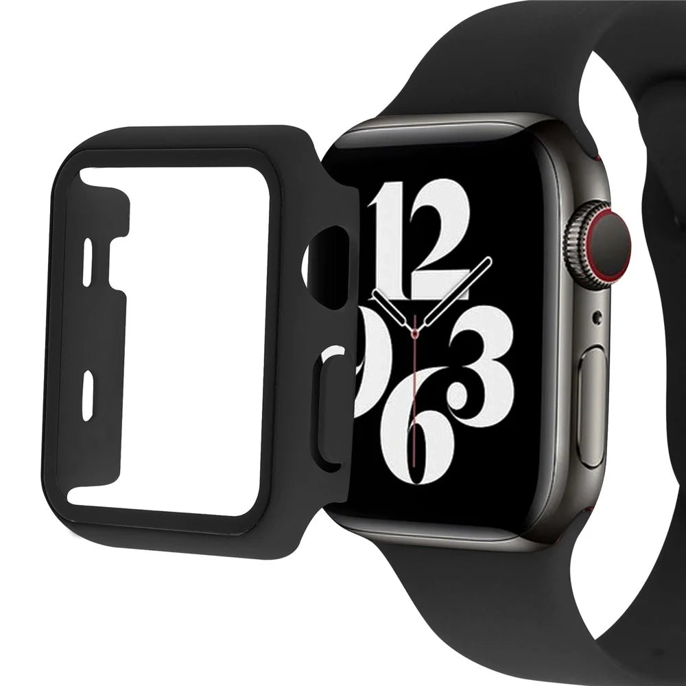 For Apple Watch Series 9 / 8 / 7 45mm All-Inclusive Watch Case Hard PC Shell with Tempered Glass Film Integrated Cover - Black - 1