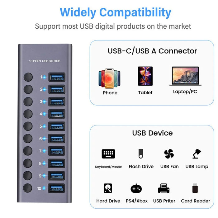 USB 3.0 Charging Station 10-Port Charger Expansion Power Hub Charging Dock with Independent Switch - US Plug - 6
