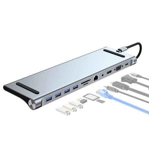 2003 11-in-1 Type-C Docking Station Portable USB Hub Adapter Multi-Port USB-C Converter Support 4K / 30Hz, PD 100W Fast Charging for Laptops - 1