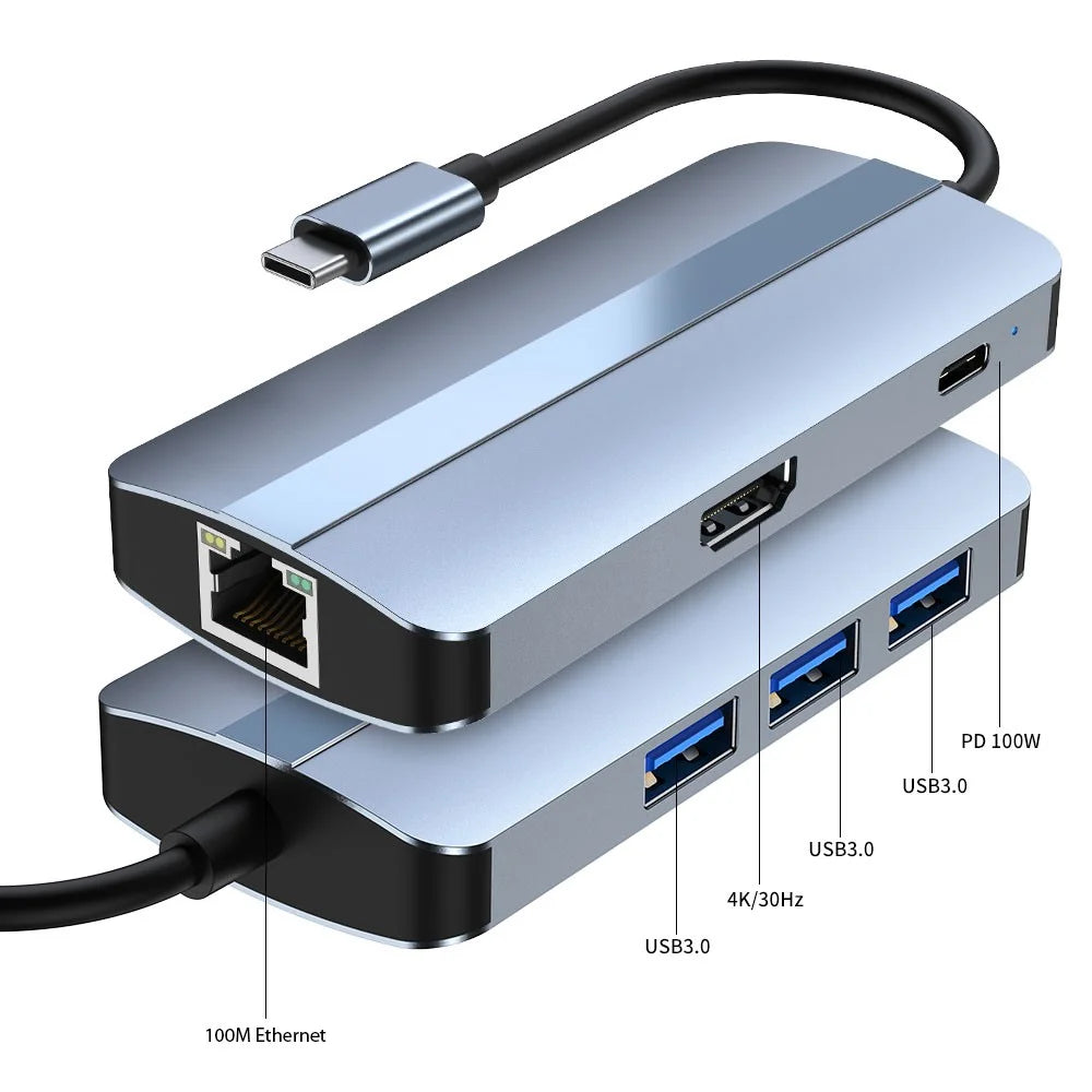 Multi-Port USB 3.0 Hub Adapter 6 in 1 USB3.0 Extender Type-C Docking Station with 3 x USB 3.0 - 3