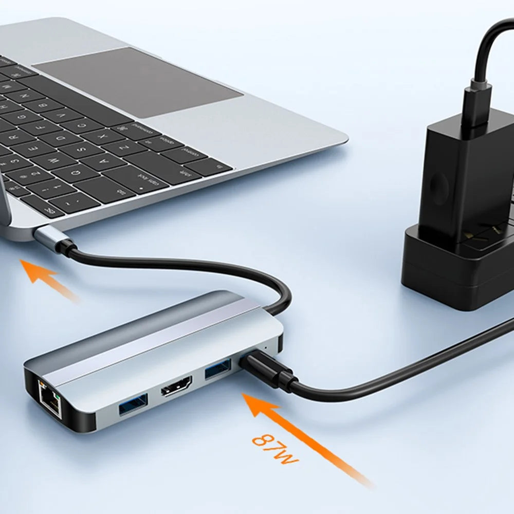 2206 For MacBook 9-in-1 Type-C Multi-Interface Hub Splitter HD+USB3.0+USB2.0+PD+USB-C+RJ45+SD+TF Slots Adapter Docking Station - 2