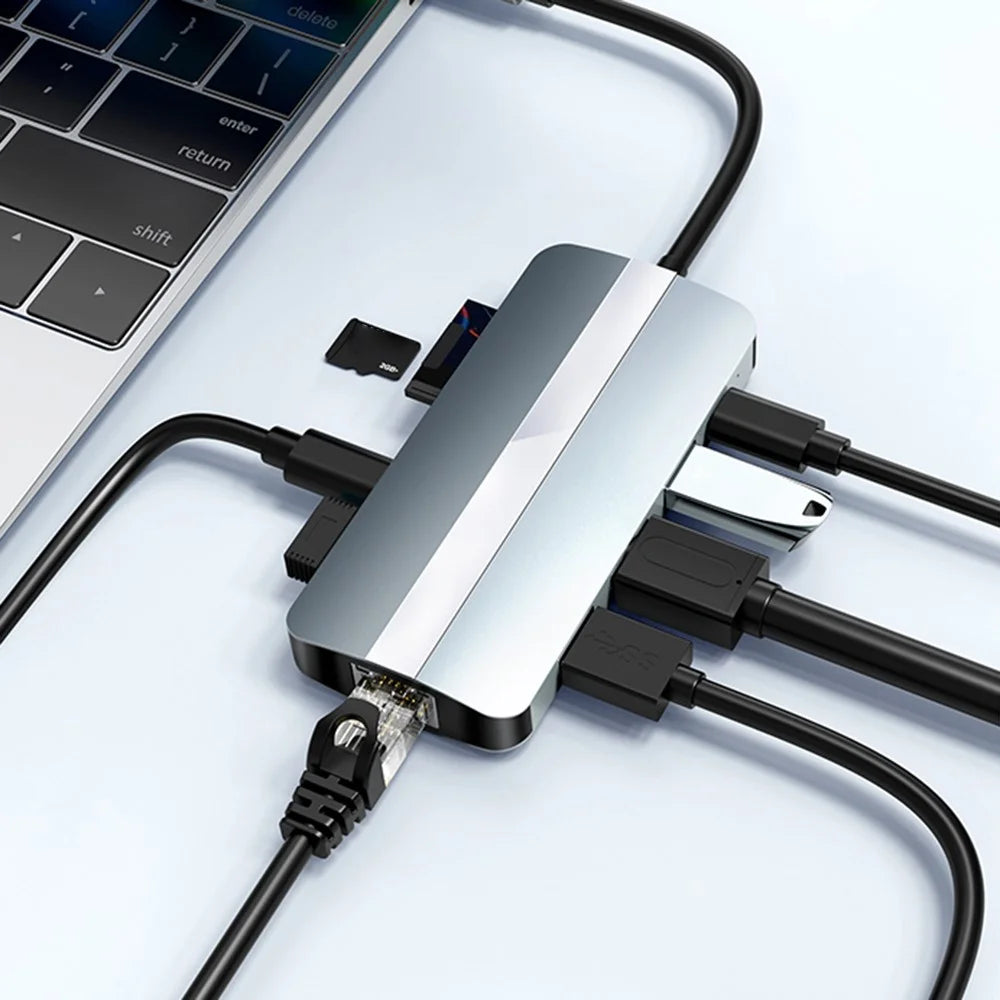2206 For MacBook 9-in-1 Type-C Multi-Interface Hub Splitter HD+USB3.0+USB2.0+PD+USB-C+RJ45+SD+TF Slots Adapter Docking Station - 6