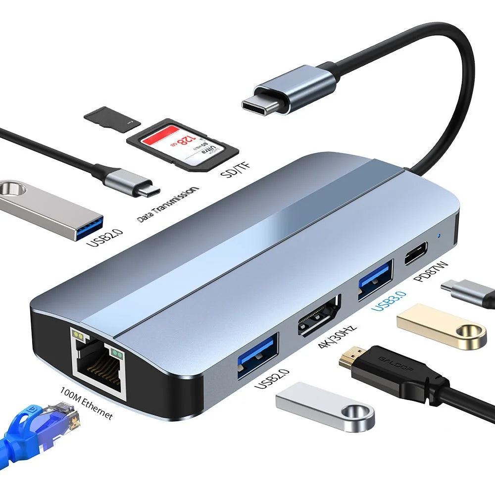 2206 For MacBook 9-in-1 Type-C Multi-Interface Hub Splitter HD+USB3.0+USB2.0+PD+USB-C+RJ45+SD+TF Slots Adapter Docking Station - 7