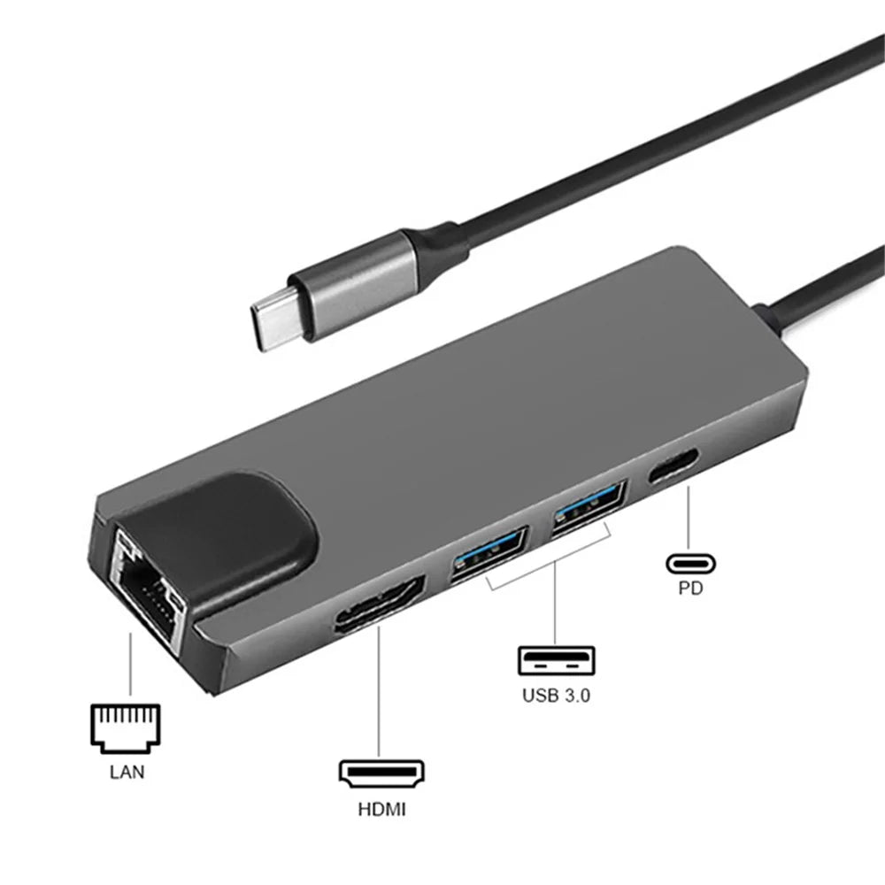Portable Type-C Docking Station 5-in-1 USB-C Hub Adapter 4K HD Type-C Splitter to RJ45, USB-C, USB 3.0 - 2