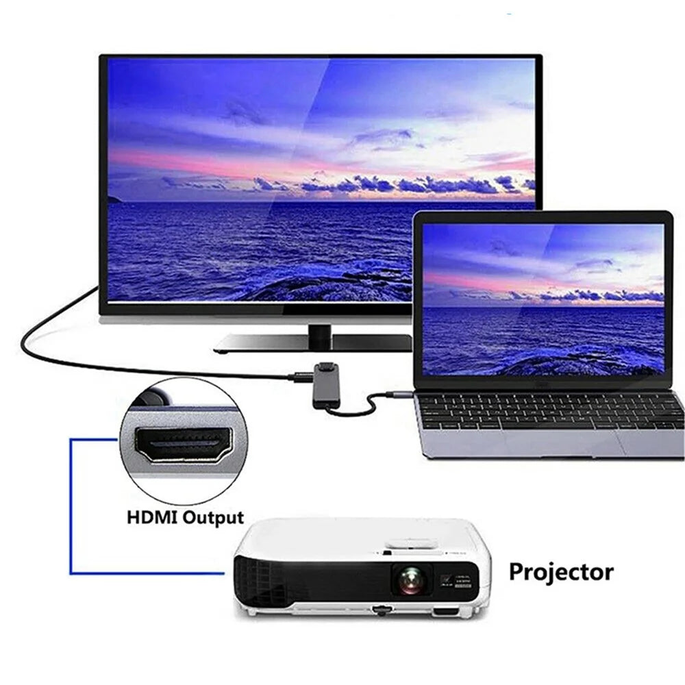 Portable Type-C Docking Station 5-in-1 USB-C Hub Adapter 4K HD Type-C Splitter to RJ45, USB-C, USB 3.0 - 3