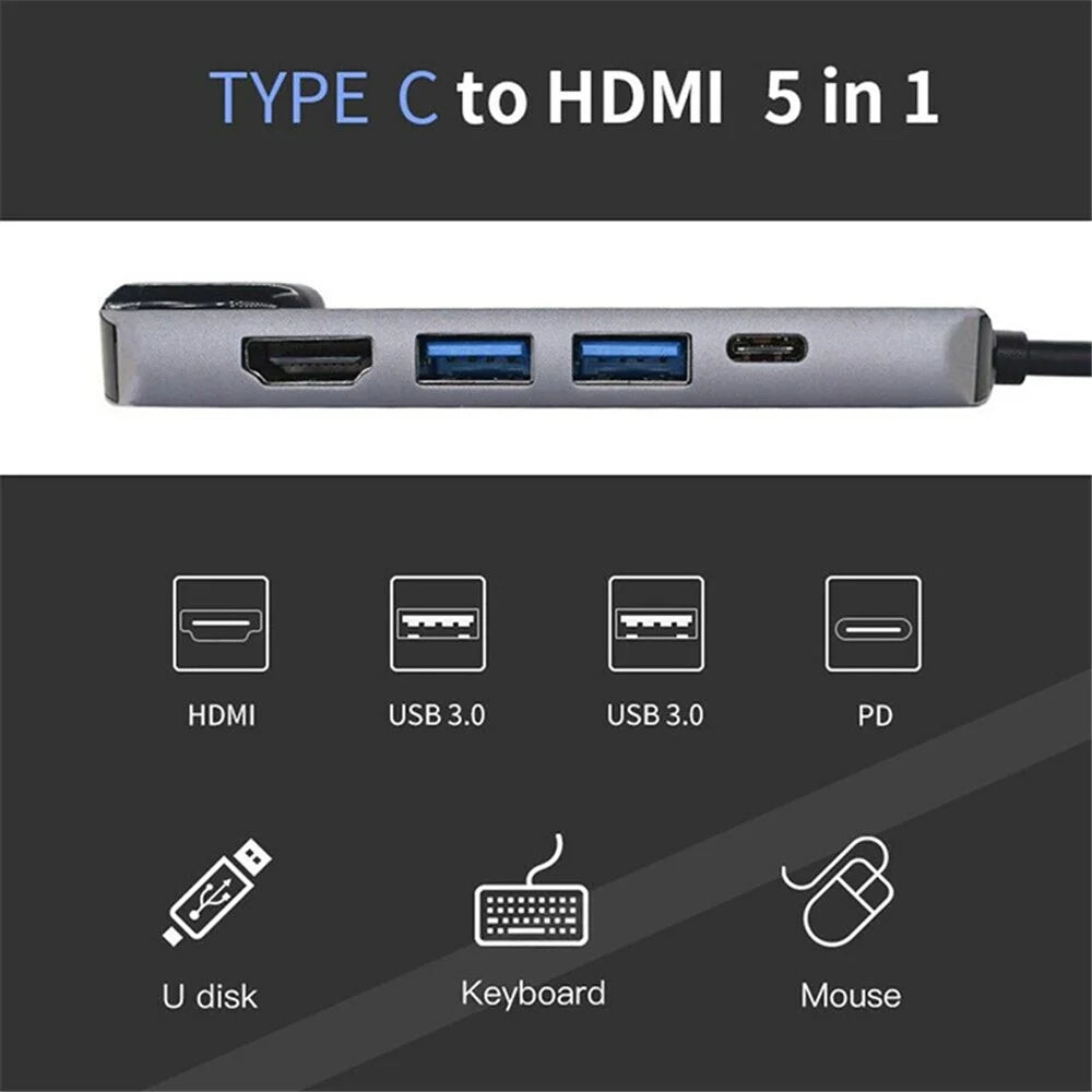 Portable Type-C Docking Station 5-in-1 USB-C Hub Adapter 4K HD Type-C Splitter to RJ45, USB-C, USB 3.0 - 4