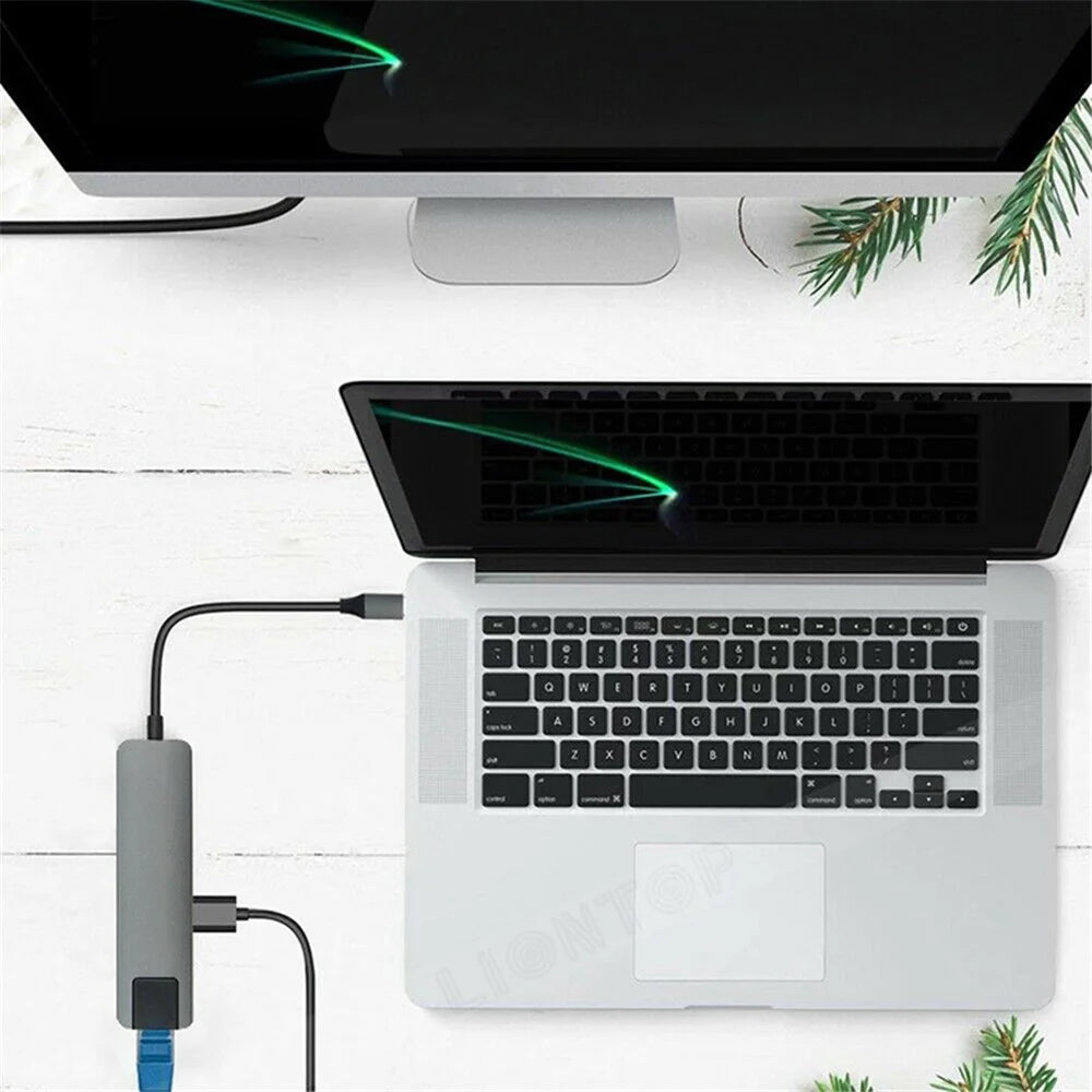 Portable Type-C Docking Station 5-in-1 USB-C Hub Adapter 4K HD Type-C Splitter to RJ45, USB-C, USB 3.0 - 5