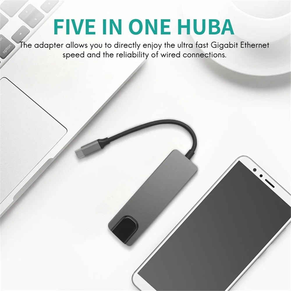 Portable Type-C Docking Station 5-in-1 USB-C Hub Adapter 4K HD Type-C Splitter to RJ45, USB-C, USB 3.0 - 6