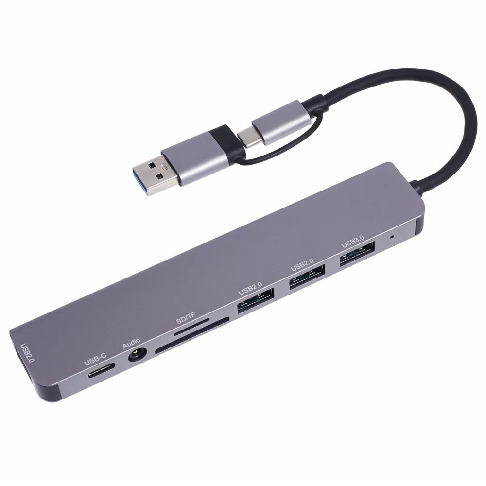 2218TU 8 in 1 USB Hub Adapter USB / Type-C to USB3.0 + 3 USB 2.0 + USB-C + SD / TF + 3.5mm Docking Station - 1