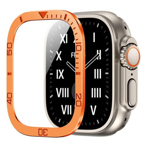 For Apple Watch Ultra 3 / Ultra 2 / Ultra 49mm Tempered Glass Screen Protector Numbers Marker Metal Frame with Built-in Clear Film - Orange - 1