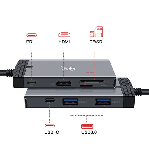 KAWAU H352 15cm Type-C Hub Adapter USB-C Docking Station with HD+2 USB3.0+Type-C+PD3.0+SD / TF Ports - 2