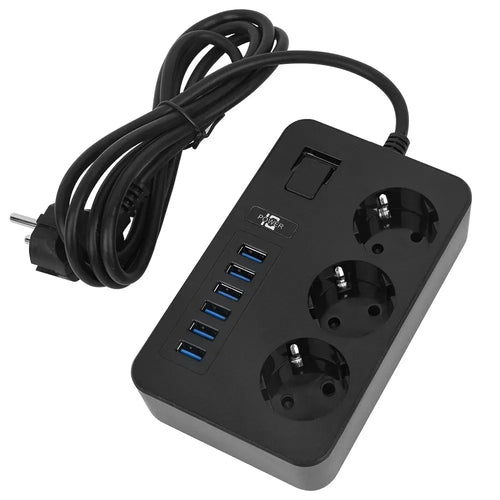EU Plug 3000W High Power Strip 2m Extension Cable 3 AC Outlets with 6 USB Output Port (CE Certified) - 1