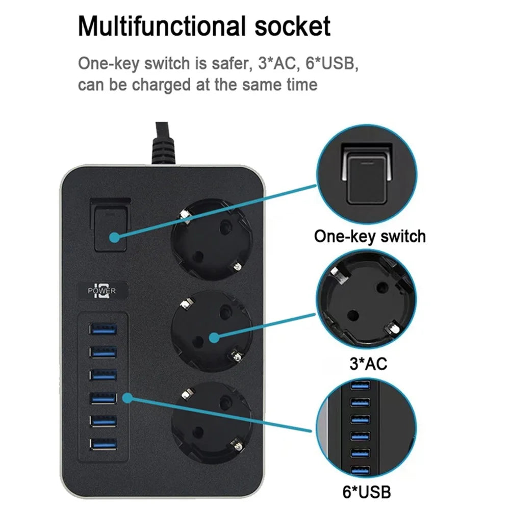 EU Plug 3000W High Power Strip 2m Extension Cable 3 AC Outlets with 6 USB Output Port (CE Certified) - 3
