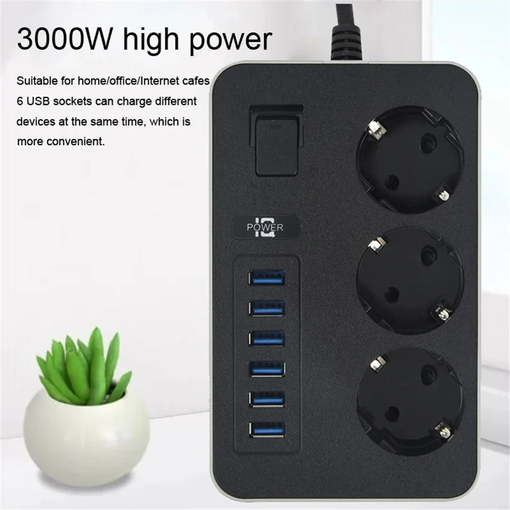 EU Plug 3000W High Power Strip 2m Extension Cable 3 AC Outlets with 6 USB Output Port (CE Certified) - 5