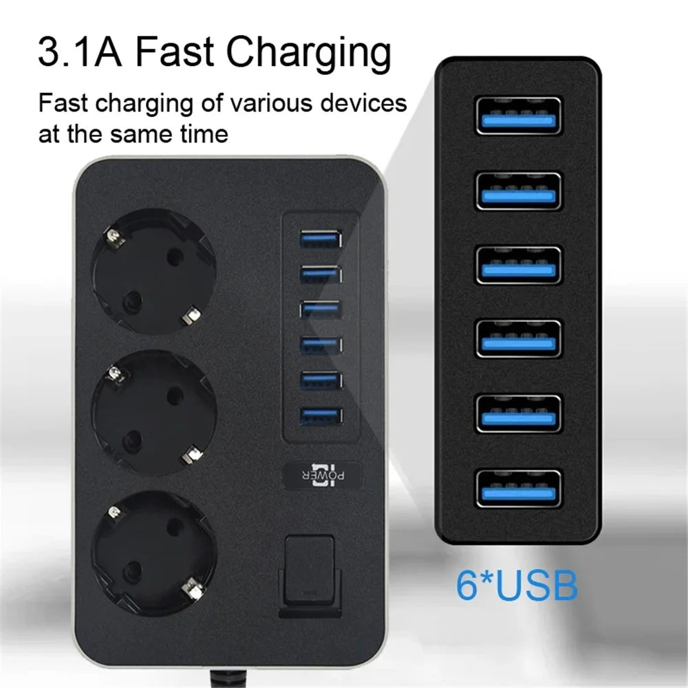 EU Plug 3000W High Power Strip 2m Extension Cable 3 AC Outlets with 6 USB Output Port (CE Certified) - 6