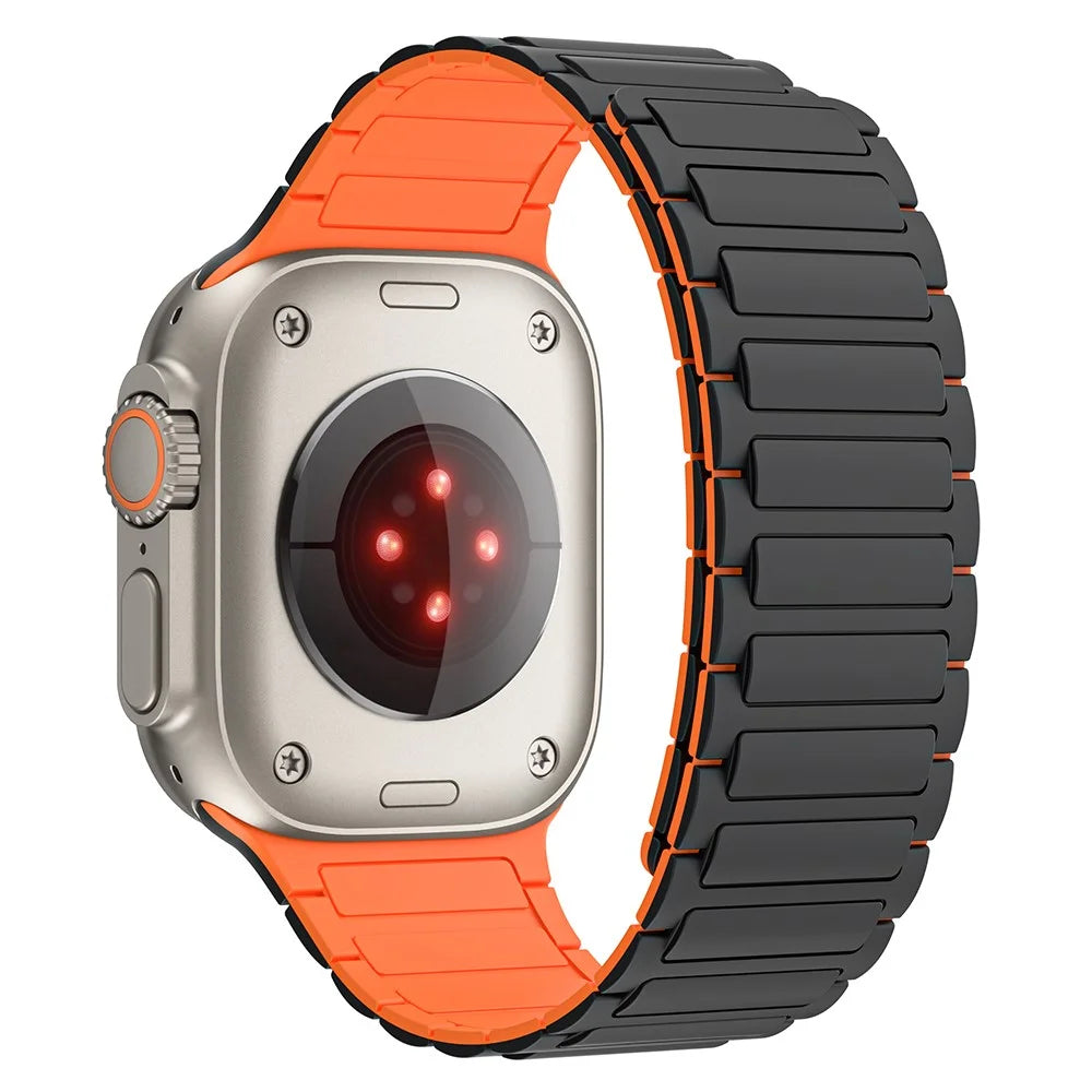 For Apple Watch Ultra 3 2 1 49mm / Series 11 10 46mm / 9 8 7 45mm / SE3 SE2 SE 6 5 4 44mm / 3 2 1 42mm Magnetic Silicone Watch Band - Black Orange - 1
