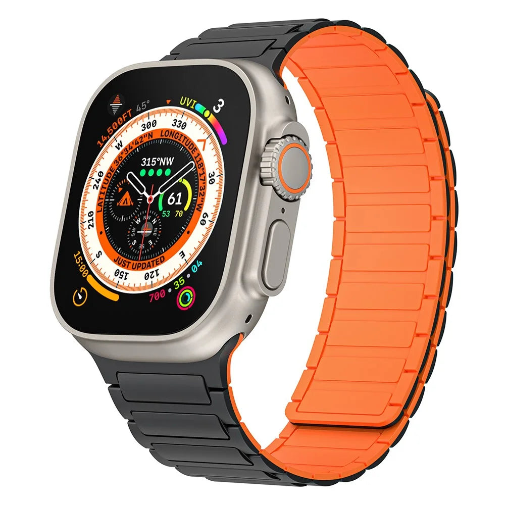 For Apple Watch Ultra 3 2 1 49mm / Series 11 10 46mm / 9 8 7 45mm / SE3 SE2 SE 6 5 4 44mm / 3 2 1 42mm Magnetic Silicone Watch Band - Black Orange - 3
