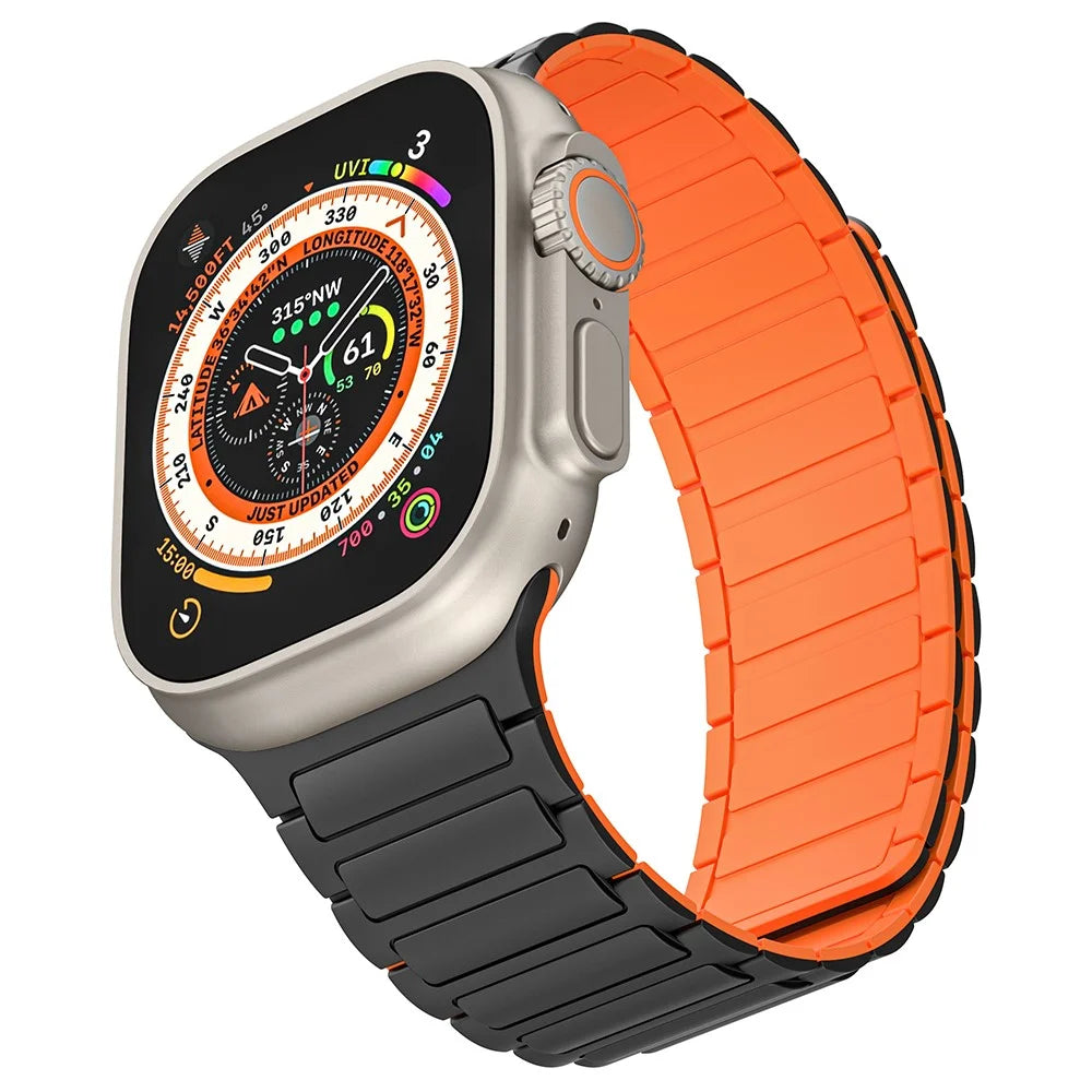 For Apple Watch Ultra 3 2 1 49mm / Series 11 10 46mm / 9 8 7 45mm / SE3 SE2 SE 6 5 4 44mm / 3 2 1 42mm Magnetic Silicone Watch Band - Black Orange - 4