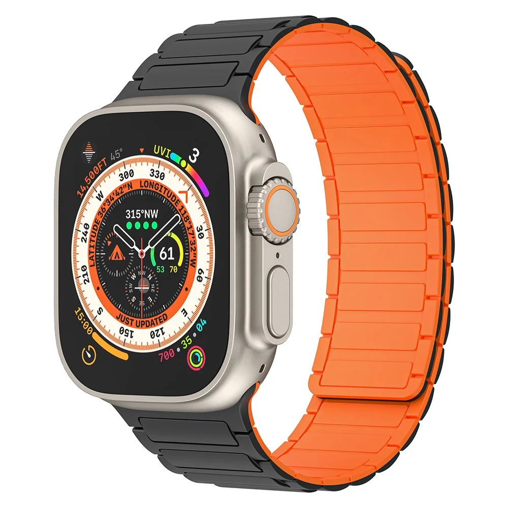 For Apple Watch Ultra 3 2 1 49mm / Series 11 10 46mm / 9 8 7 45mm / SE3 SE2 SE 6 5 4 44mm / 3 2 1 42mm Magnetic Silicone Watch Band - Black Orange - 5