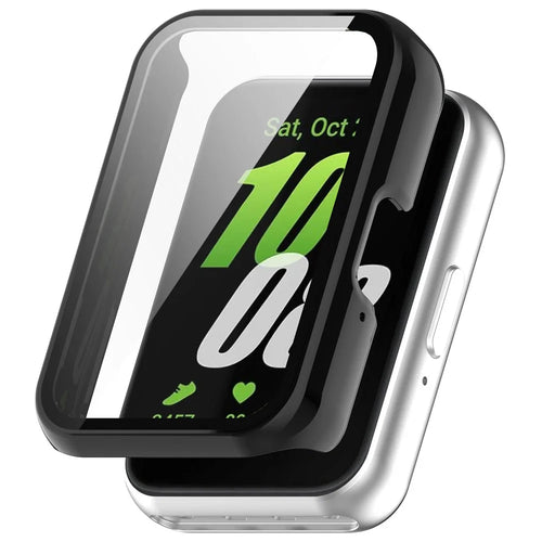 For Samsung Galaxy Fit3 (SM-R390) Case with Tempered Glass Screen Protector Full Coverage Hard PC Watch Cover - Glossy Black - 1