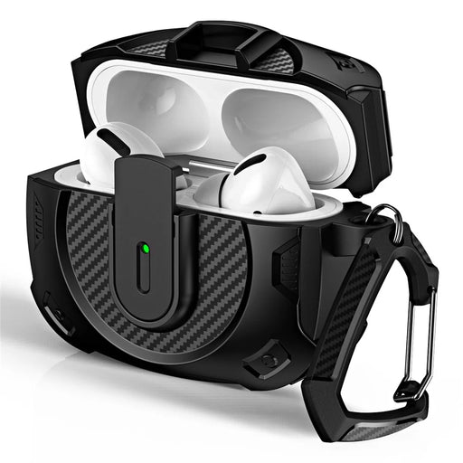 For Apple AirPods Pro Earphone Case PC+TPU Lock Design Headphone Cover with Hanging Hook - All Black - 2