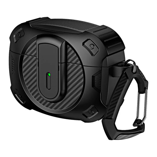 For AirPods Pro 2 Case PC+TPU Lock Design Earphone Protective Cover with Hanging Hook - All Black - 1