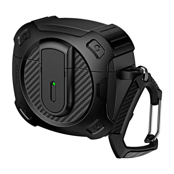 For Apple AirPods 3 Case PC+TPU Lock Button Bluetooth-compatible Earphone Cover with Hanging Hook - All Black - 1