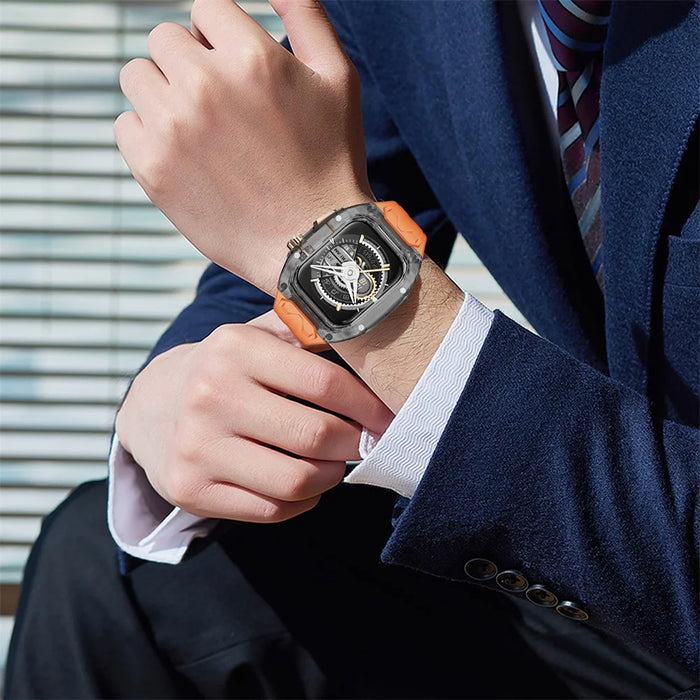 For Apple Watch Series 9 8 7 41mm / Series 6 5 4 SE 40mm TPU Watch Band with PC Case - Orange+Transparent Black - 5