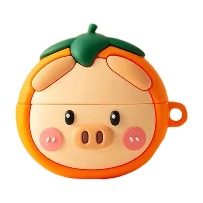 For Oppo Enco Air2 Bluetooth-compatible Earphone Cute Cartoon Silicone Cover Drop-Proof Case - Pig Head Persimmon - 1
