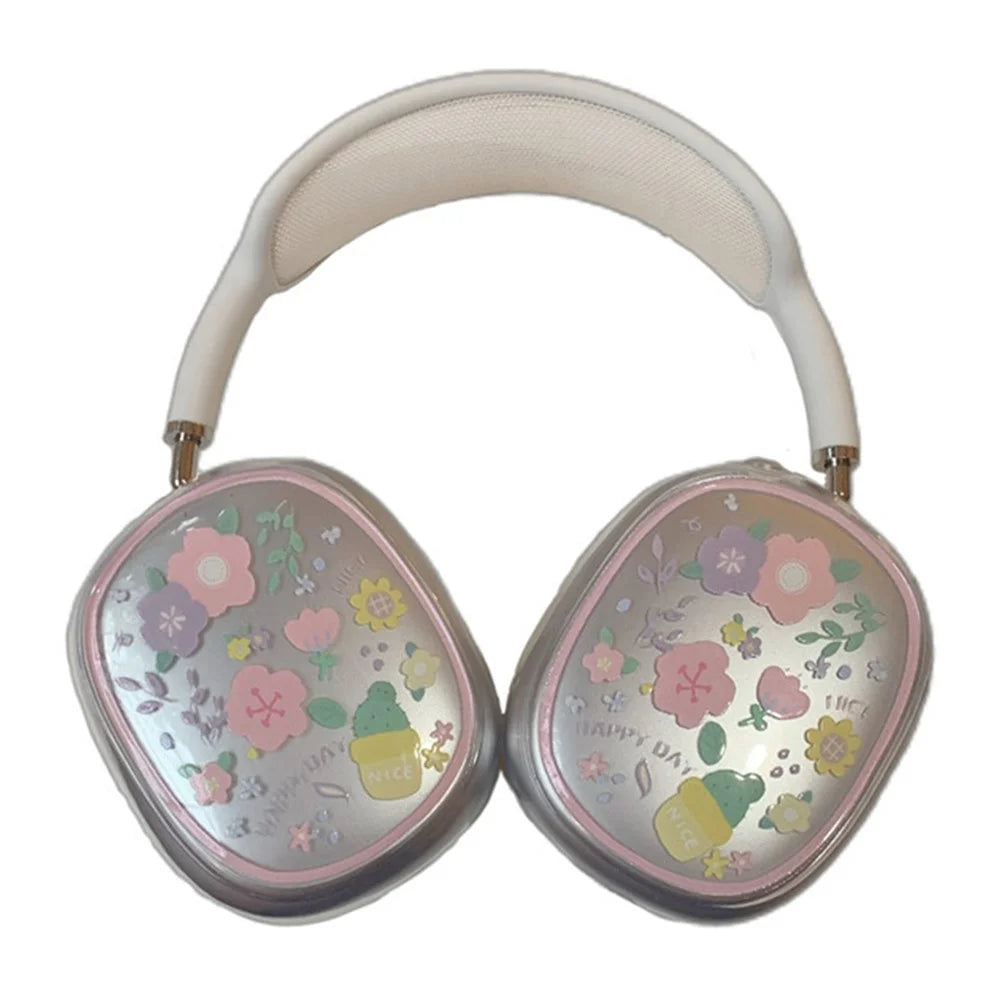 1Pair Protective Case for AirPods Max with USB-C / Max Headphone Drop-Resistance TPU Sleeve - Pink / Purple Flower - 1