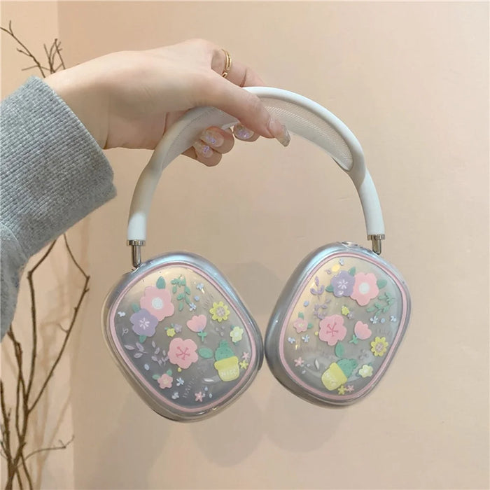 1Pair Protective Case for AirPods Max with USB-C / Max Headphone Drop-Resistance TPU Sleeve - Pink / Purple Flower - 3