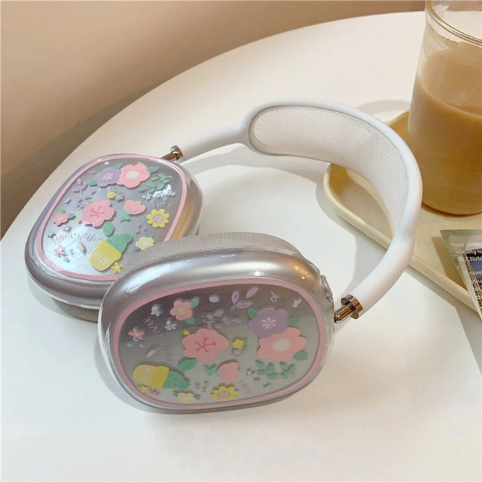 1Pair Protective Case for AirPods Max with USB-C / Max Headphone Drop-Resistance TPU Sleeve - Pink / Purple Flower - 4