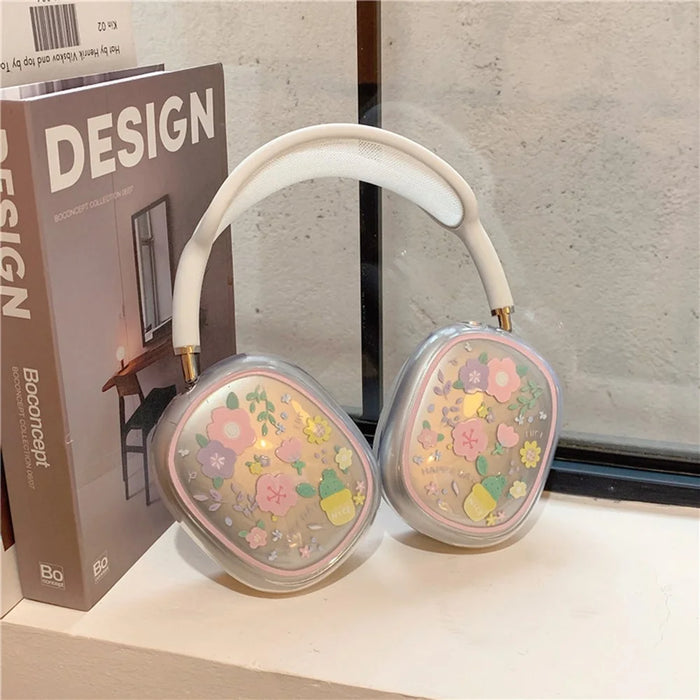 1Pair Protective Case for AirPods Max with USB-C / Max Headphone Drop-Resistance TPU Sleeve - Pink / Purple Flower - 5