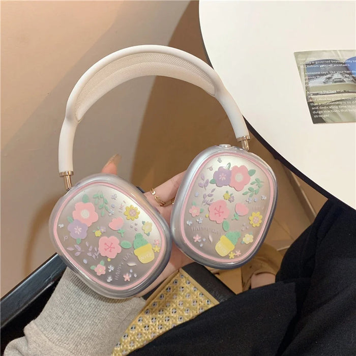 1Pair Protective Case for AirPods Max with USB-C / Max Headphone Drop-Resistance TPU Sleeve - Pink / Purple Flower - 6