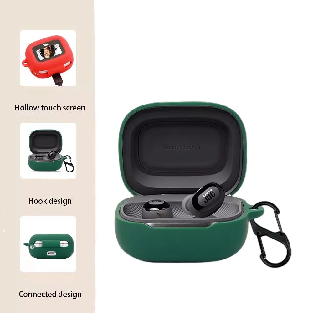 For JBL Live Buds 3 Earbuds Case Silicone Protective Cover with Anti-Lost Buckle - Blackish Green - 3