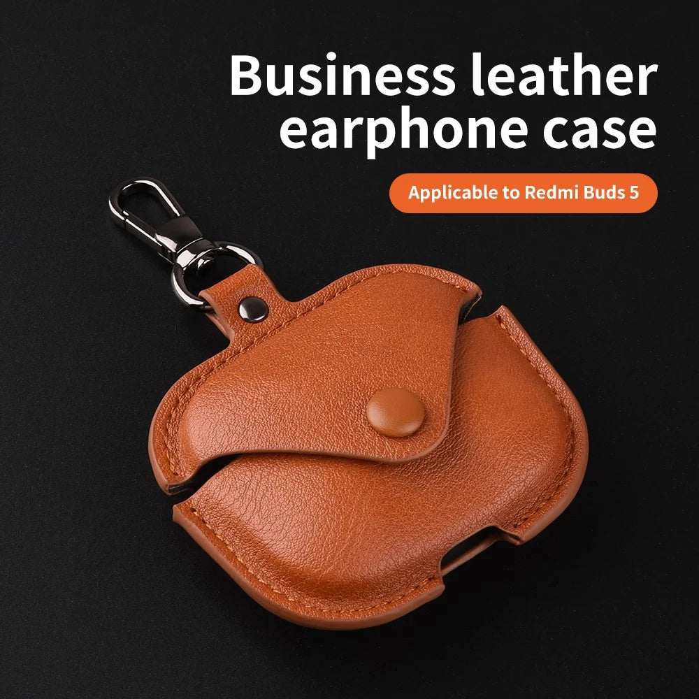 For Xiaomi Redmi Buds 5 Earphone Case PU Leather+PC Bluetooth-compatible Earbud Protective Cover - Dark Brown - 5