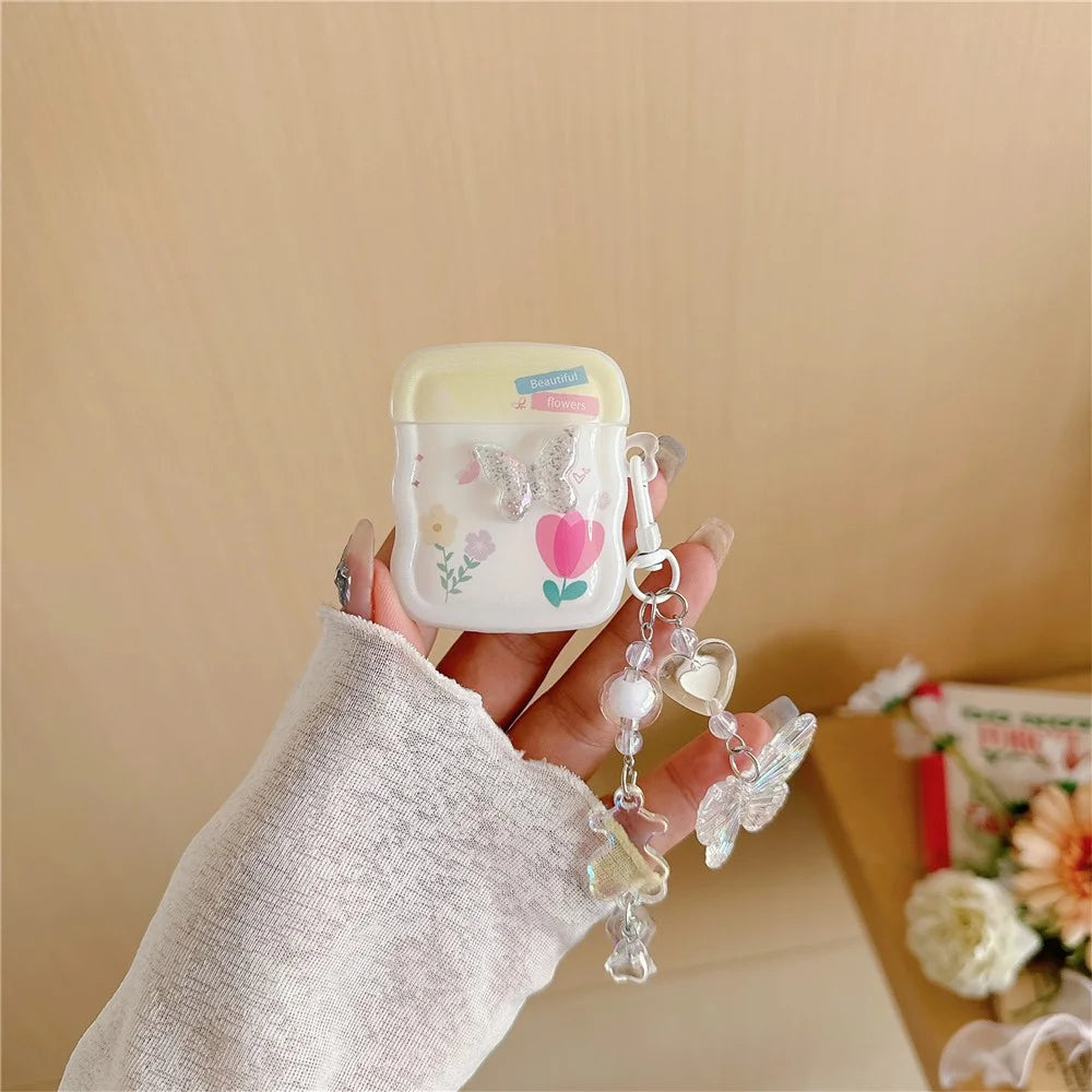 For Apple AirPods with Wireless Charging Case (2019) / AirPods with Charging Case (2019) / (2016) Butterfly and Flower TPU Case with Pendant - 2