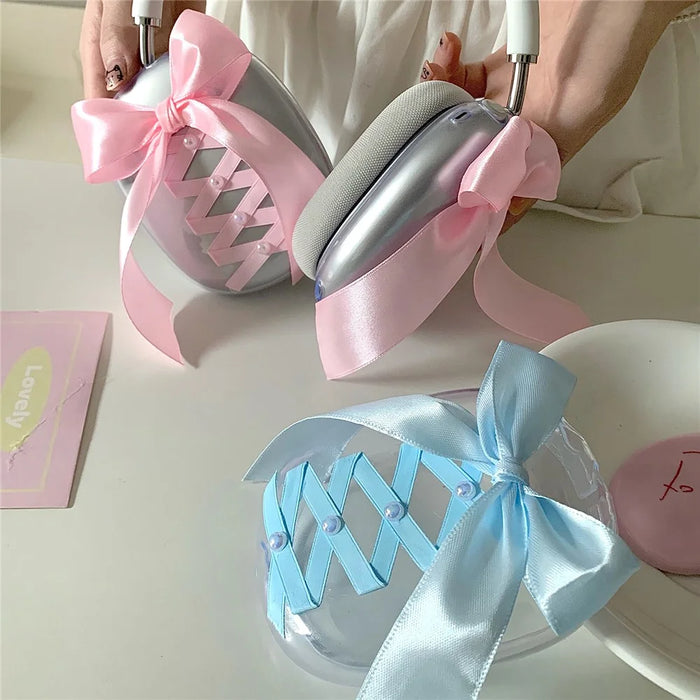 1Pair For AirPods Max Clear Case Ribbon Design Headphone TPU Sleeve - Blue - 5
