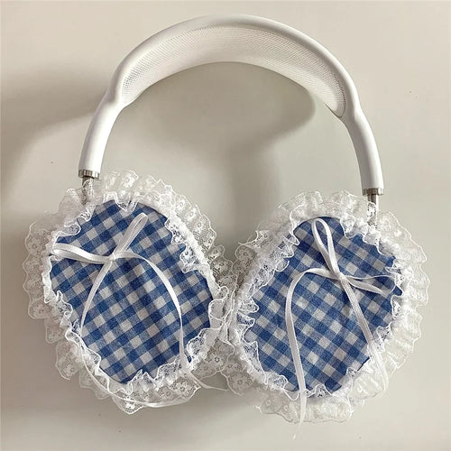 1Pair For AirPods Max Shockproof Case Fabric+TPU Headset Protector Grids Pattern Lace-Edge Design - Blue - 1