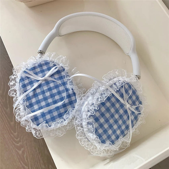 1Pair For AirPods Max Shockproof Case Fabric+TPU Headset Protector Grids Pattern Lace-Edge Design - Blue - 5