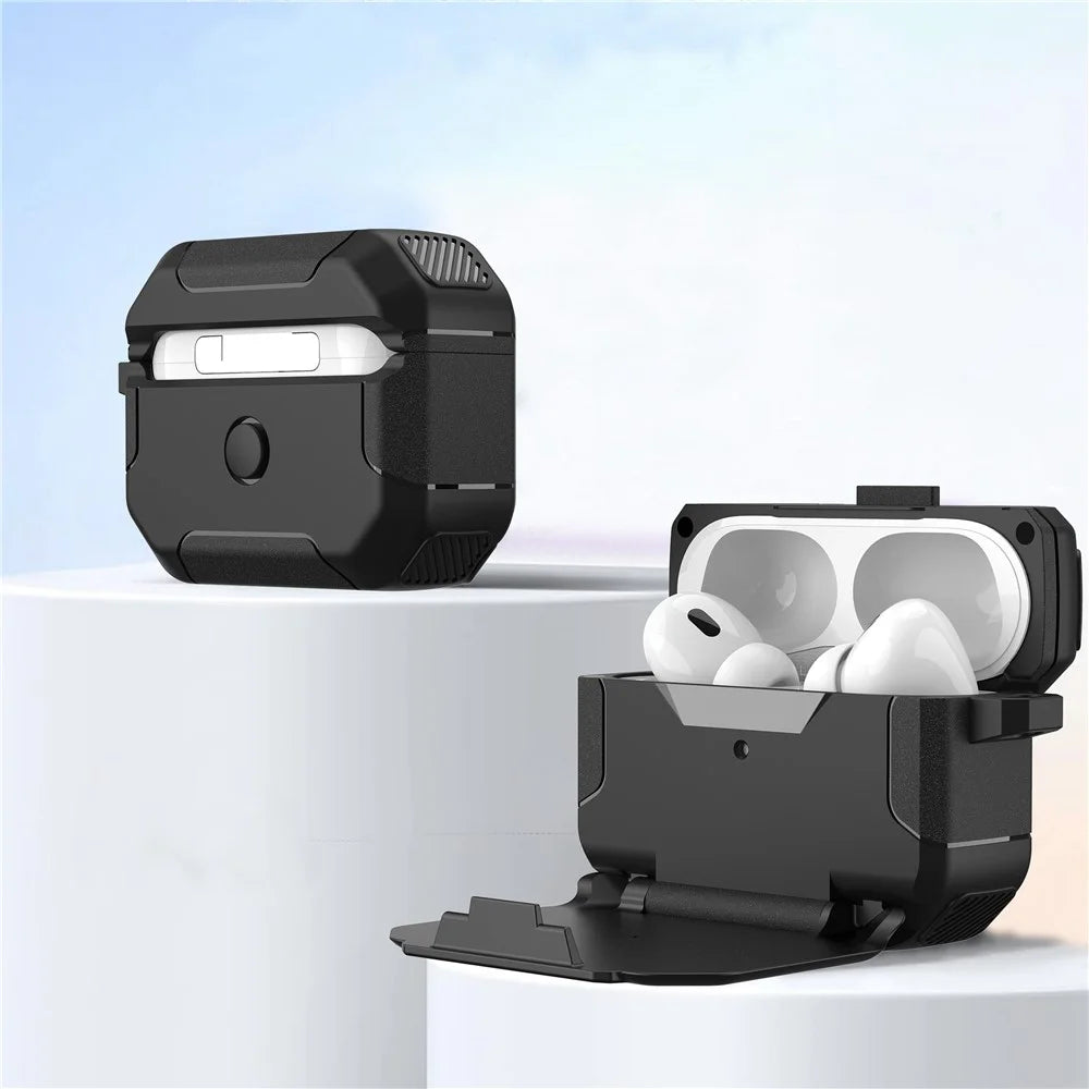 For AirPods Pro 2 Case PC+TPU Flip Stand Bluetooth-compatible Earphone Anti-Drop Cover with Carabiner - Black - 6