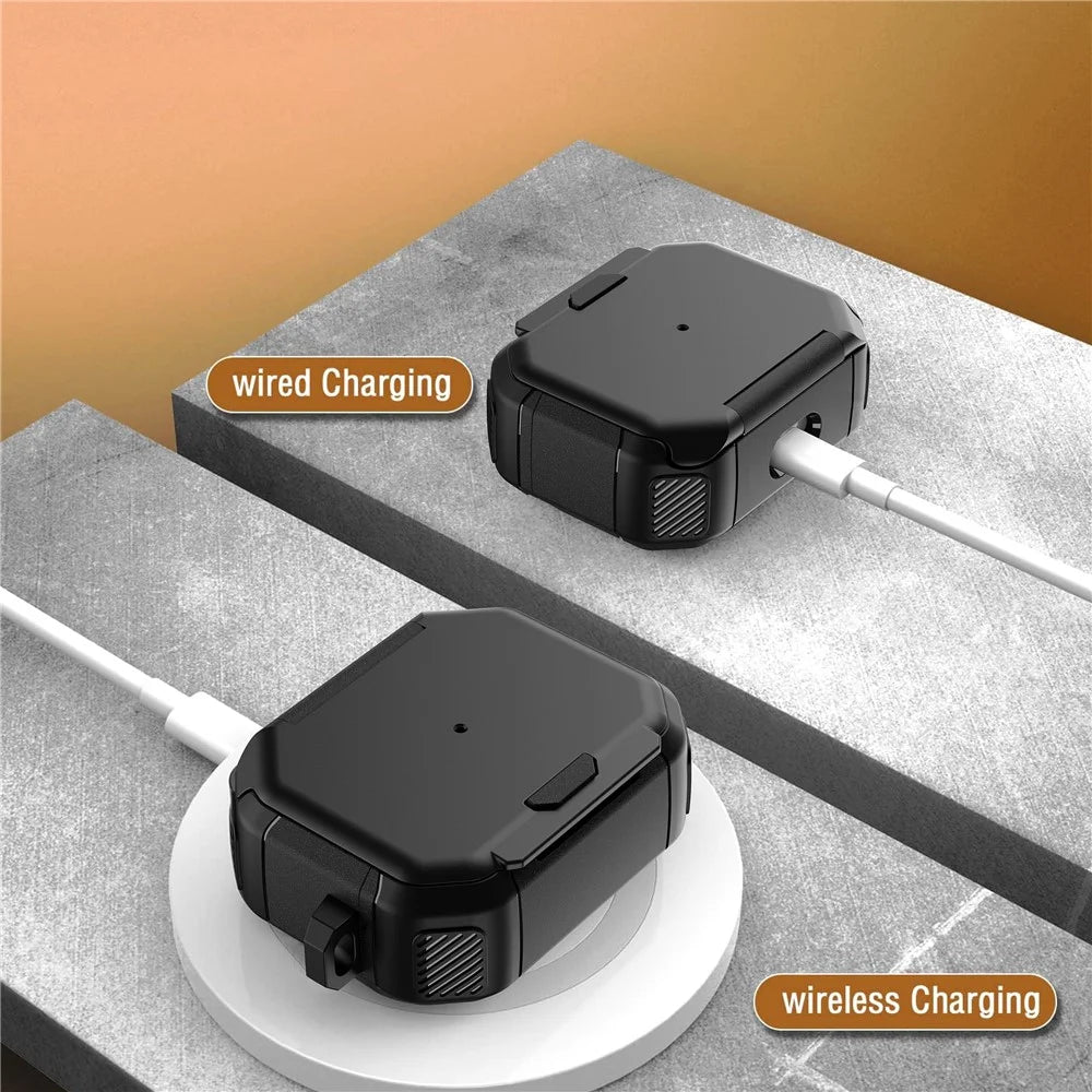 For Apple AirPods Pro Case Flip Stand PC+TPU Anti-Drop Earphone Cover with Carabiner - Black - 2