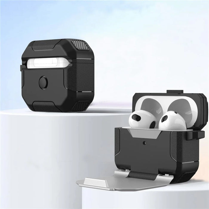 For Apple AirPods 3 Case Flip Stand PC+TPU Earphone Protective Cover with Carabiner - Silver - 6