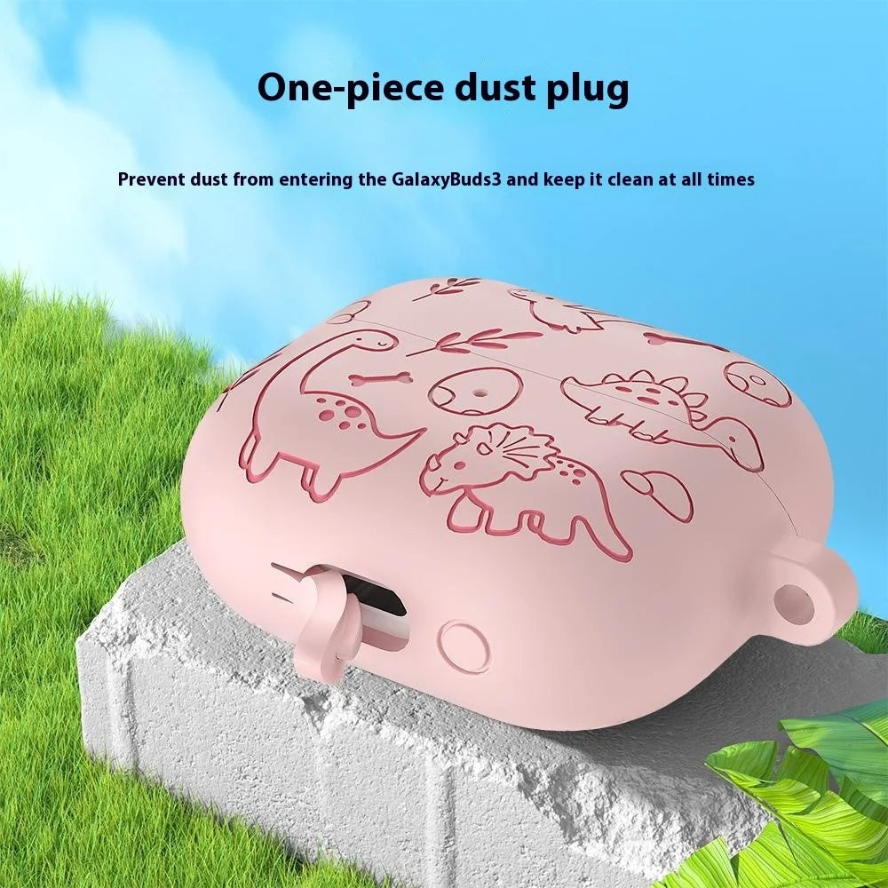 For Samsung Galaxy Buds3 Pro / Buds3 Bluetooth-compatible Earphones Cartoon Dinosaur Liquid Silicone Case with Hanging Buckle - Light Pink - 4