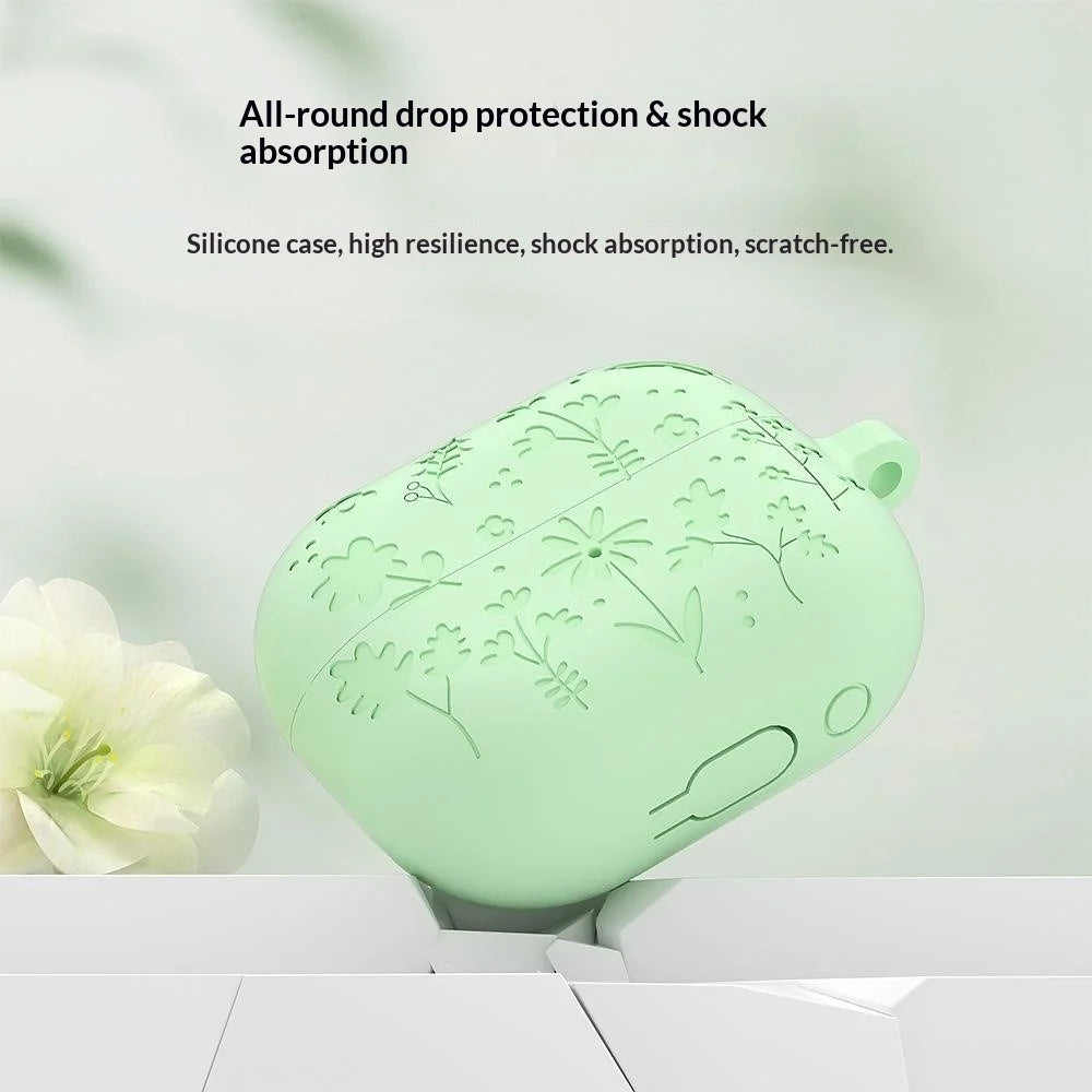 For Samsung Galaxy Buds3 Pro / Buds3 Bluetooth-compatible Earphones Flower Pattern Liquid Silicone Case with Hanging Buckle - Light Purple - 3