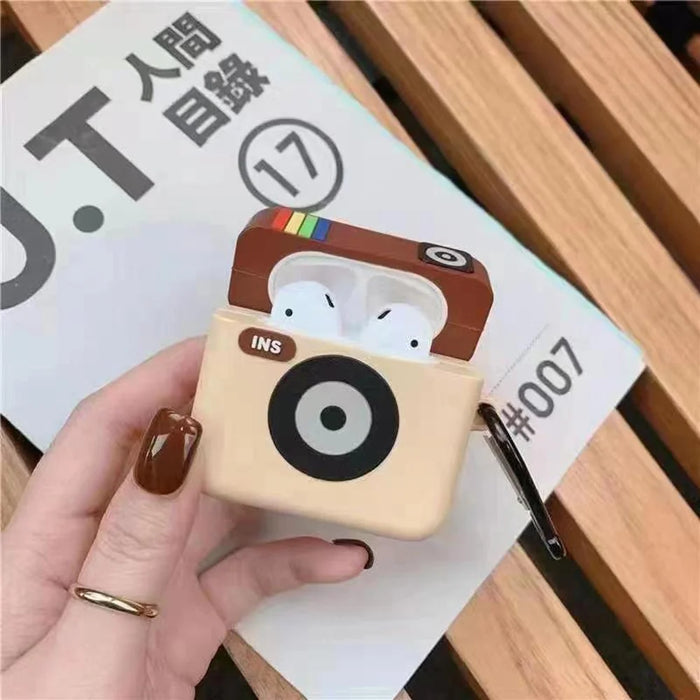 For Apple AirPods 3 Case Retro Camera Bluetooth-compatible Earphone Shockproof Silicone Cover with Carabiner - 2