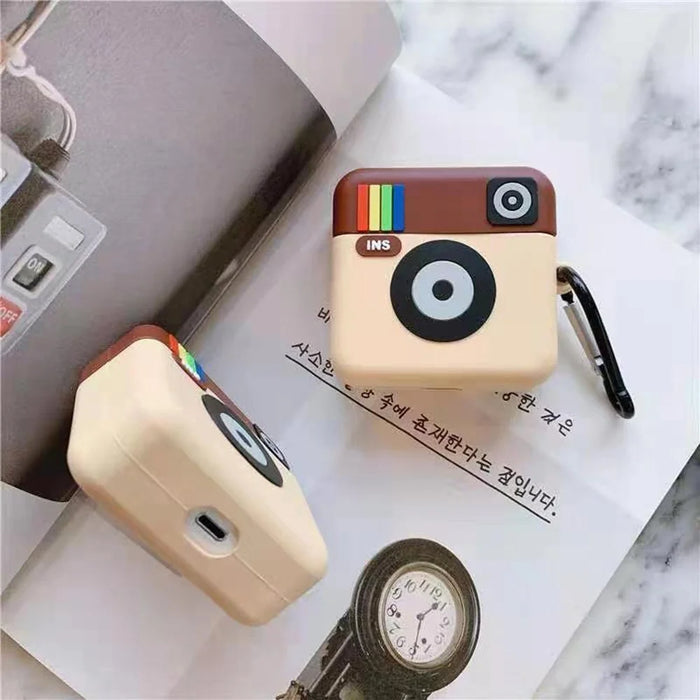 For Apple AirPods 3 Case Retro Camera Bluetooth-compatible Earphone Shockproof Silicone Cover with Carabiner - 3