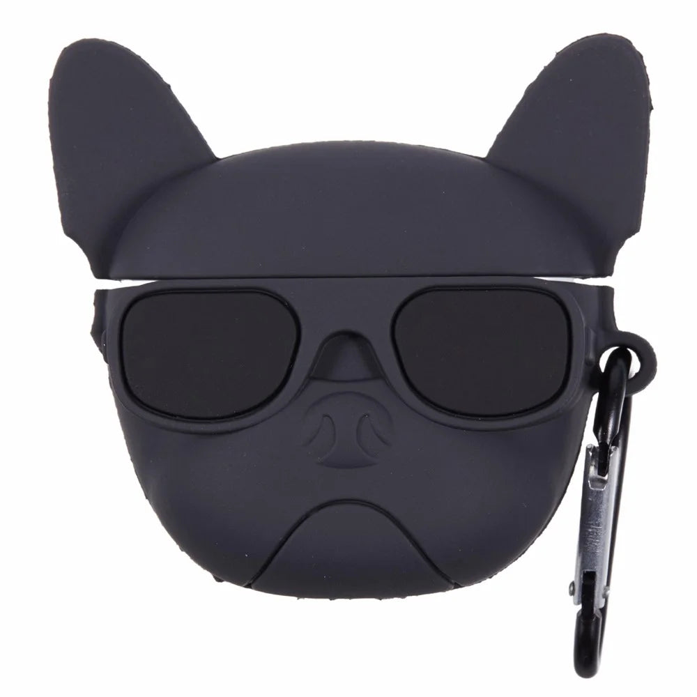 For Apple AirPods Pro Bluetooth-compatible Earphones Silicone Cover Bulldog Protective Case with Carabiner - Black - 1