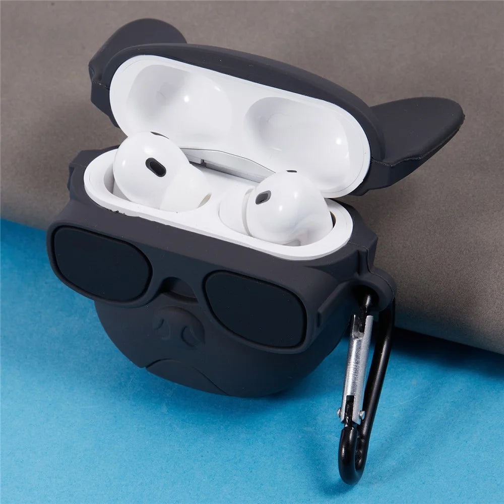 For Apple AirPods Pro Bluetooth-compatible Earphones Silicone Cover Bulldog Protective Case with Carabiner - Black - 5