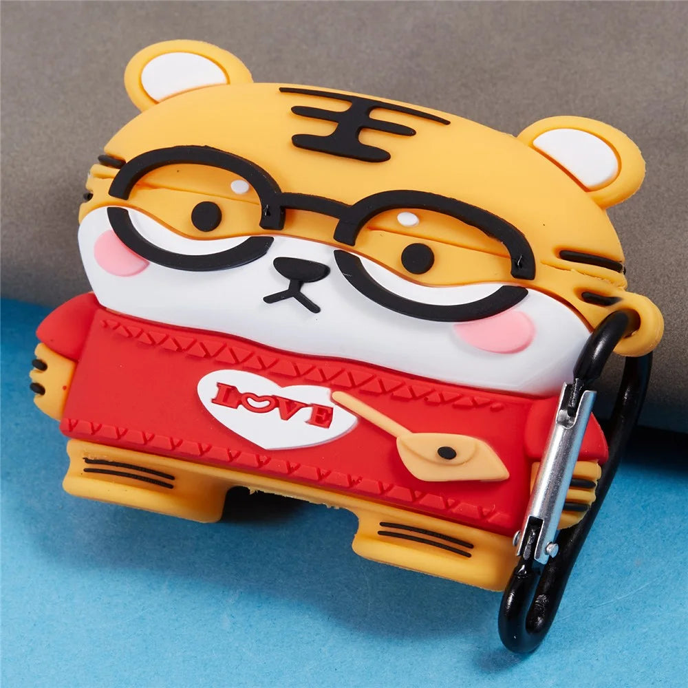 For Apple AirPods Pro Bluetooth-compatible Earphones Silicone Cover Cartoon Tiger Protective Case with Carabiner - 3